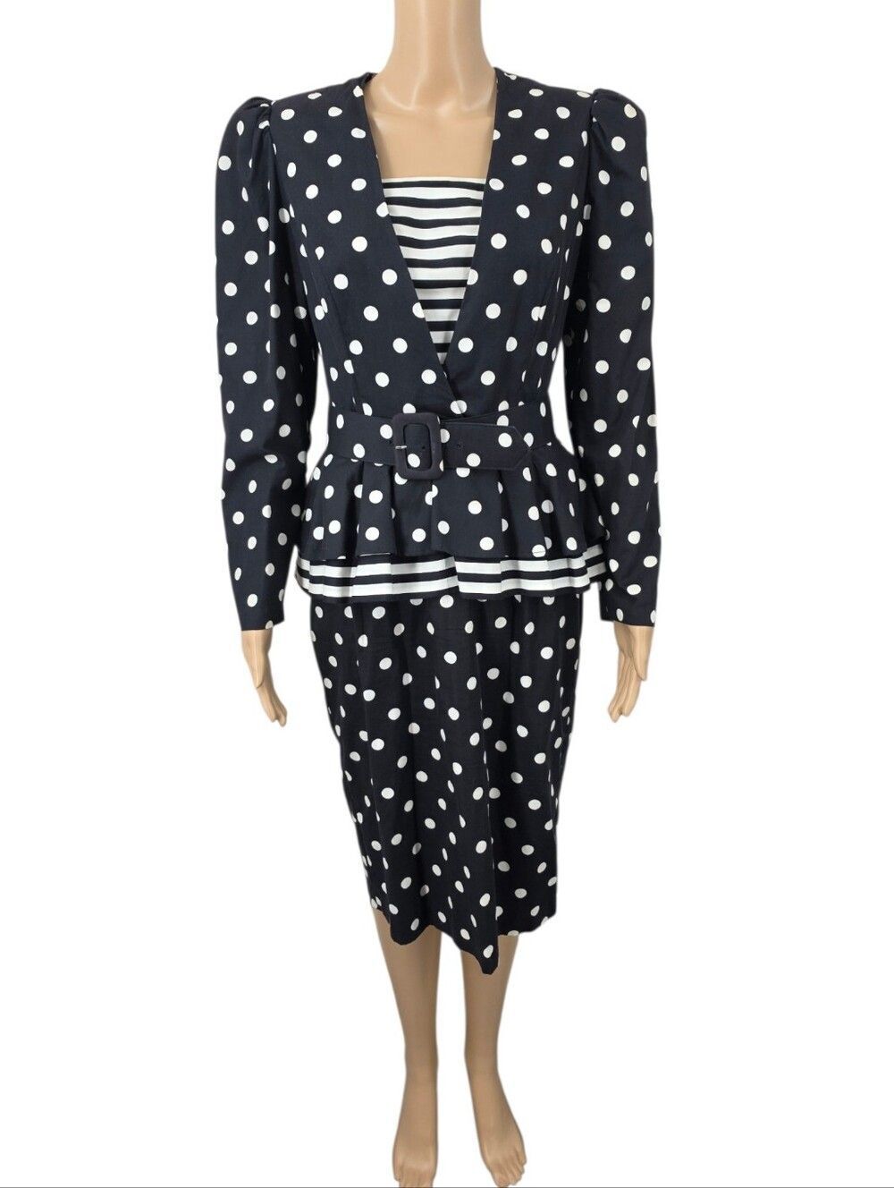 Vintage Black & White Polka Dot Peplum Dress Puffed Sleeves Cotton